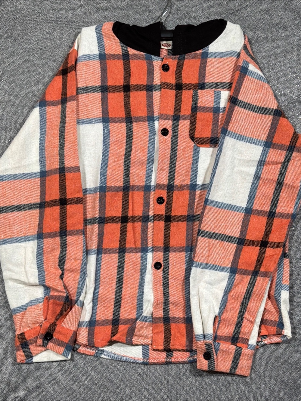 SHEIN Orange and Cream Plaid Button-Up Hoodie